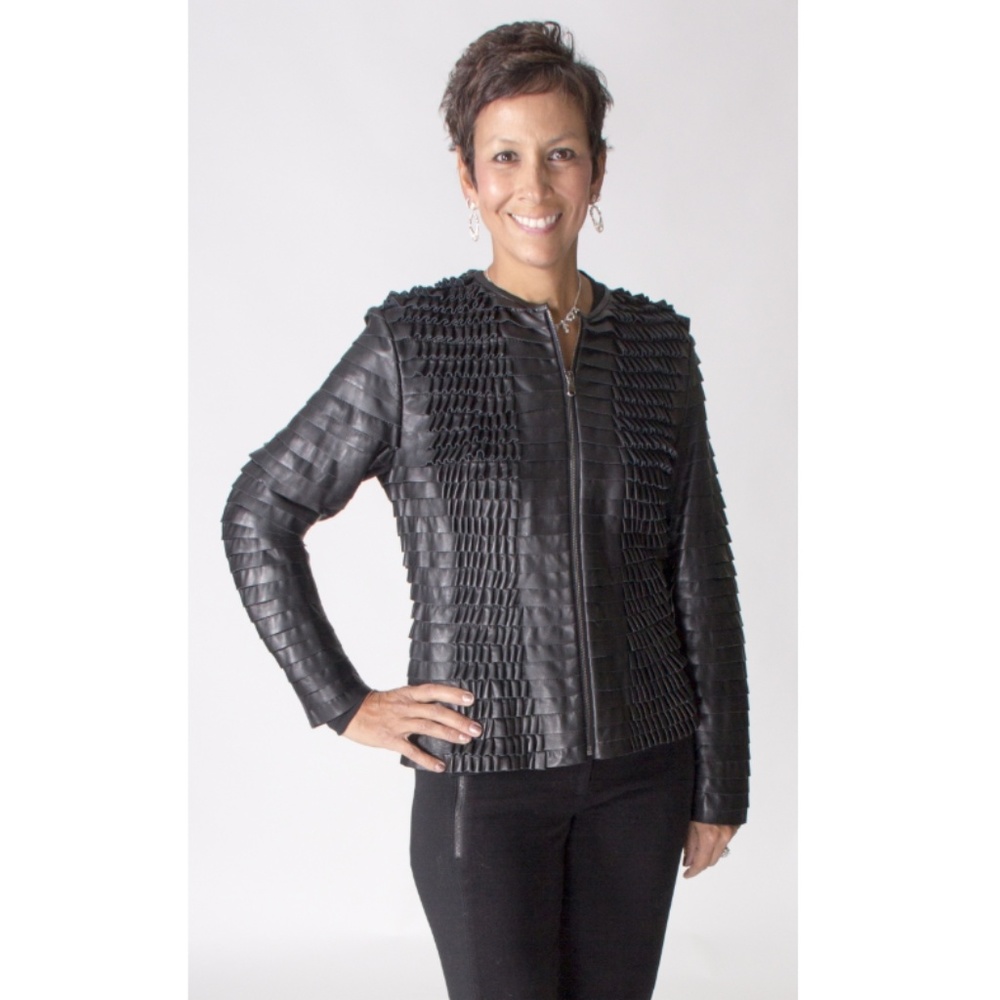 Black horizontal layered ruffle design leather Jkt